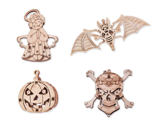 Woodik Set of Mini 3D Puzzles №2 - Bat, Angel, Skull, Pumpkin