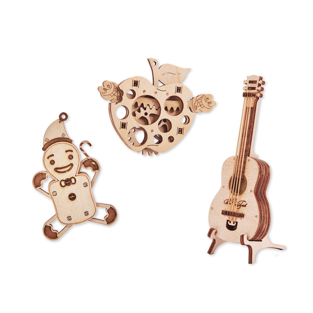 Woodik Set of Mini 3D Puzzles №4 - Gingerbread, Guitar, Apple