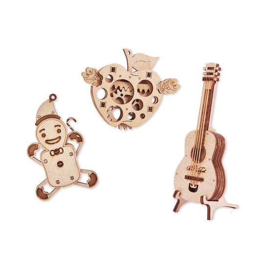 Woodik Set of Mini 3D Puzzles №4 - Gingerbread, Guitar, Apple